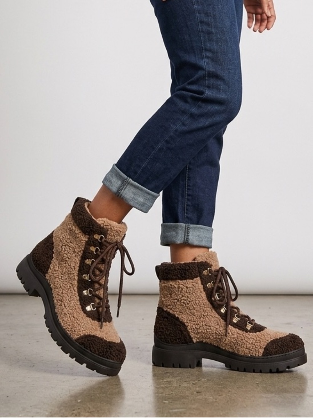 Andre Assous Brown and Tan Women's Sherpa Combat Boots